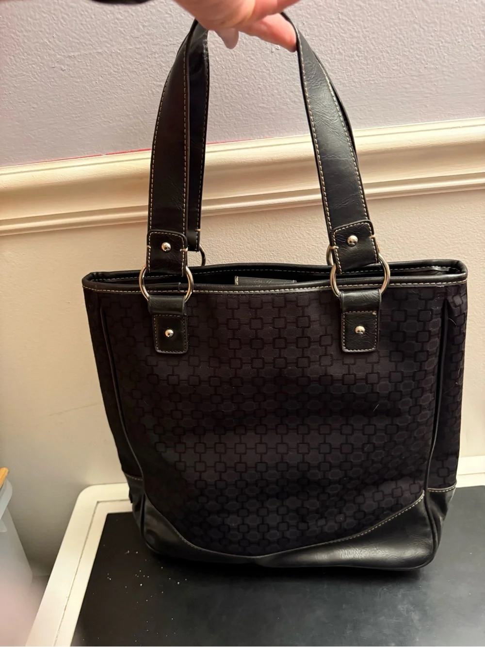 Vintage Nine West Black Leather Tote with Branded Metal Plate